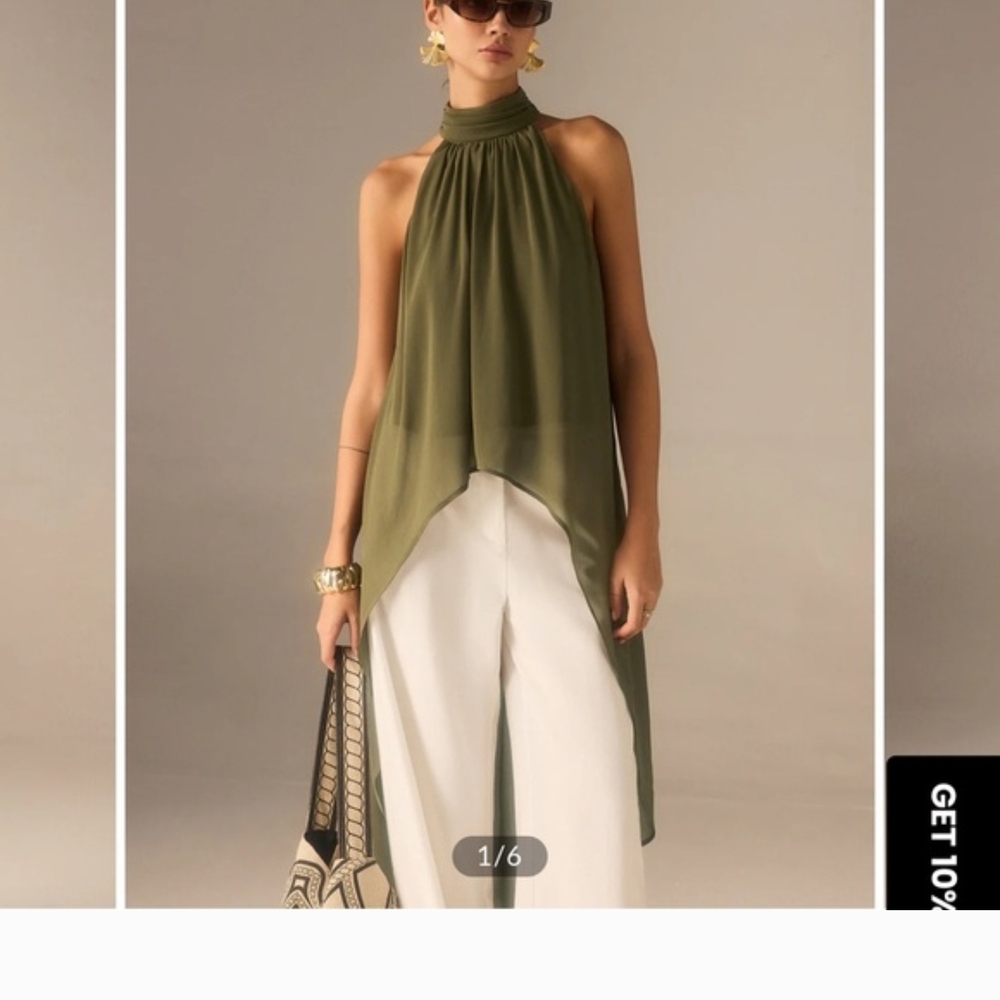 Commense Olive Green Sheer High-Neck Tunic